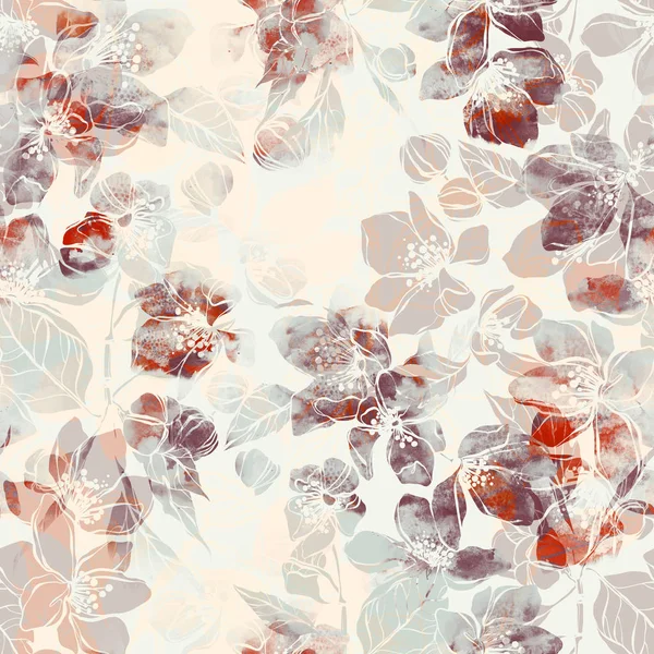 Акварель Цифровая Фотография Отпечатков Цветущих Сливовых Цветов Листьев — стоковое фото