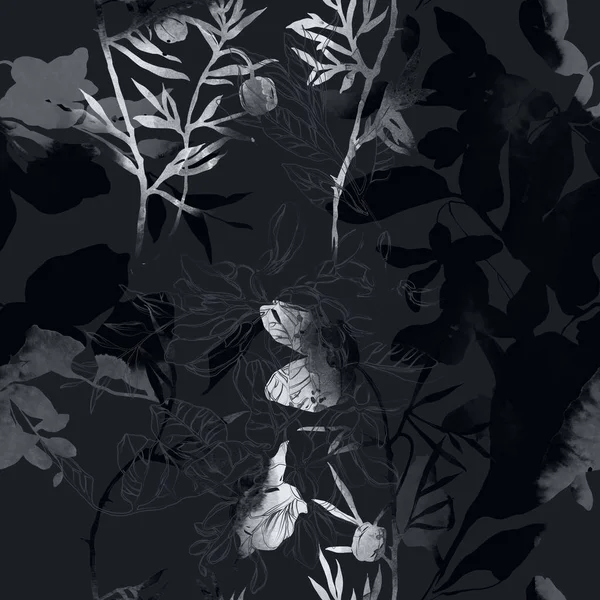Akvarel Bezešvé Vzor Květy Listy Černém Pozadí — Stock fotografie
