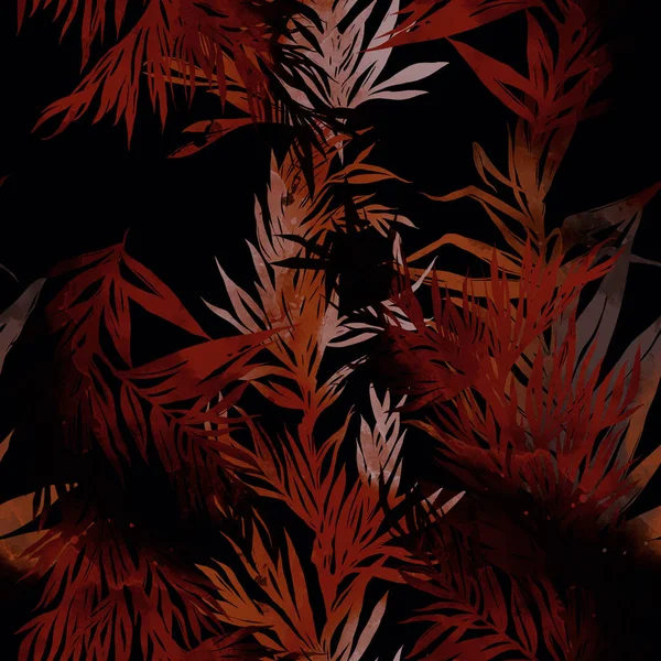 Темный Бесшовный Узор Красными Веточками Листьями Смеси Акварель Иллюстрации — стоковое фото
