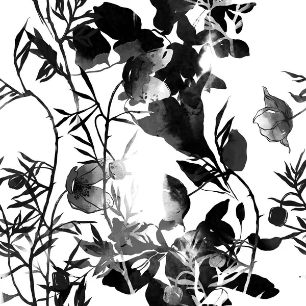 Акварель Бесшовный Узор Черными Силуэтами Цветов Листьев Белом Фоне — стоковое фото