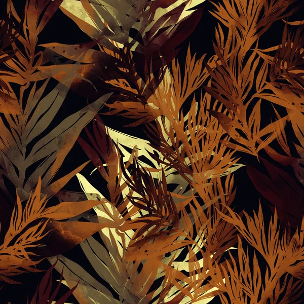 オレンジ色の暗いシームレス パターン小枝し 葉のミックス 水彩イラスト — ストック写真