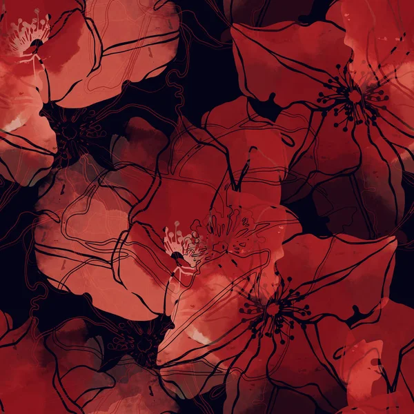 Patrón Sin Costuras Acuarela Con Flores Cerda Roja Sobre Fondo —  Fotos de Stock