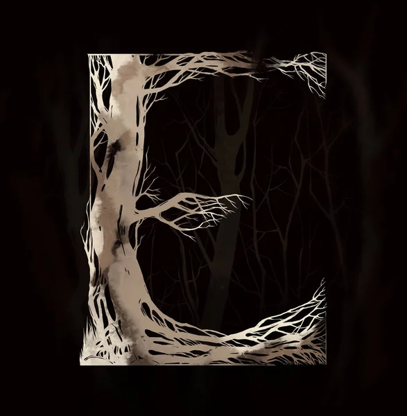 watercolor letter E of artistic forest cartoon alphabet from tree branches