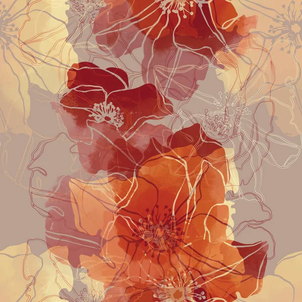 Akvarell Varrat Nélküli Mintát Sárga Alapon Piros Briar Virágokkal — Stock Fotó