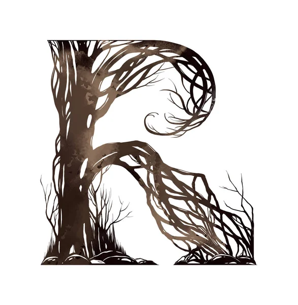 Litera Alfabet Artystyczny Gałęzi Drzew Akwarela Ilustracja — Zdjęcie stockowe