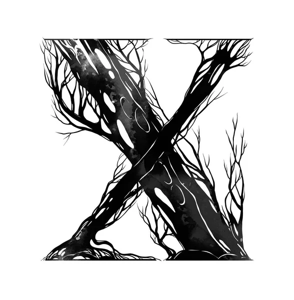 Lettre Alphabet Artistique Des Branches Arbres Aquarelle Illustration Dessinée Main — Photo