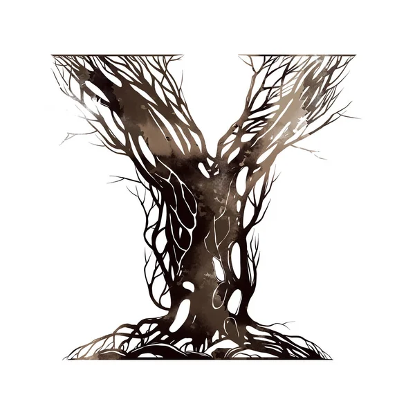 Ağaçların Dalları Gelen Sanatsal Alfabesinin Harfi Suluboya Çizilen Illüstrasyon — Stok fotoğraf