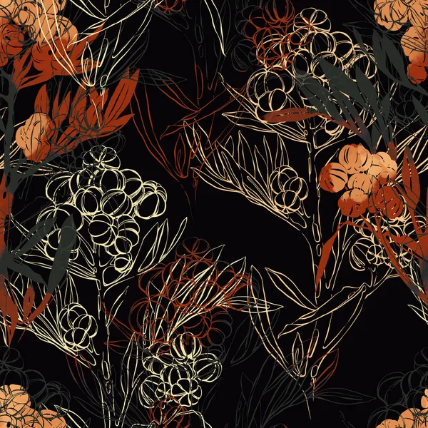 Abstract Flowers Leaves Seamless Pattern Deep Dark Colours Mixed Media — Stock Photo, Image