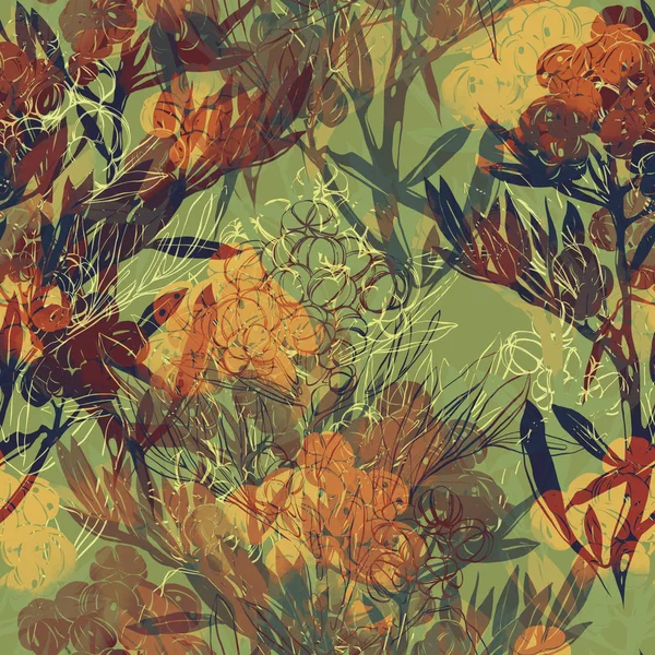 Flowers Leaves Warm Green Orange Colours Mixed Media — Stock Photo, Image