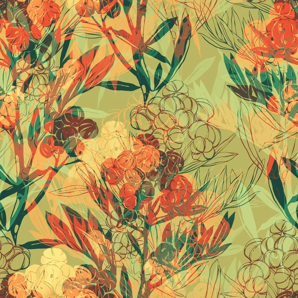 Цветы Листья Теплых Зеленых Оранжевых Тонах Смешанные Материалы — стоковое фото