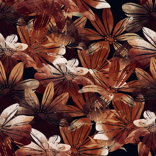 Абстрактні Прості Квіти Космая Безшовний Візерунок Темно Коричневих Кольорах — стокове фото