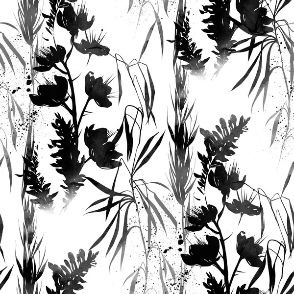 Empreintes Prairie Monochromatique Herbe Taches Peinture Répéter Motif Sans Couture — Photo