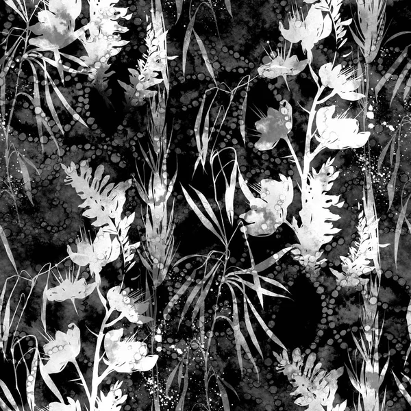 Stempelt Monochromatisch Weide Gras Verf Vlekken Herhaalde Naadloze Patroon — Stockfoto