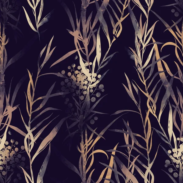 Imprints Meadow Grass Mix Repeat Seamless Pattern Dark Background Digital — Stock Photo, Image