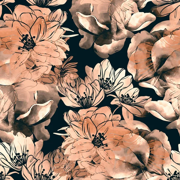さくら花ミックスの繰り返しのシームレスなパターンをインプリントします デジタル手描き水彩テクスチャ画像 ミクスト メディア — ストック写真