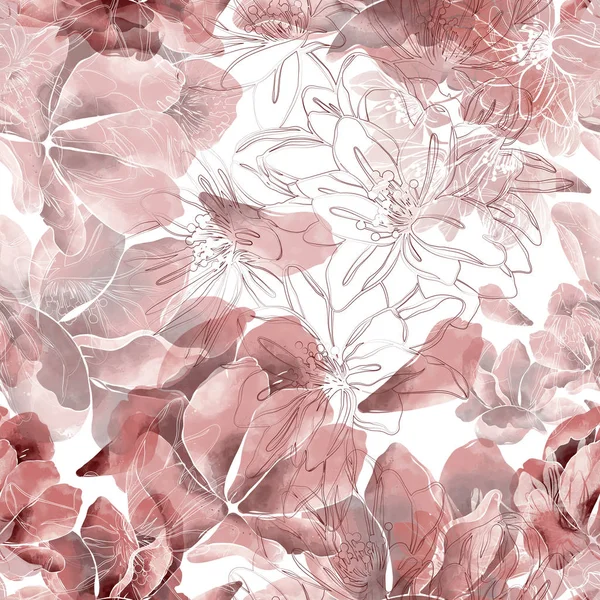 Abdrücke Sakura Blütenmischung Wiederholen Nahtlose Muster Digitales Handgezeichnetes Bild Mit — Stockfoto