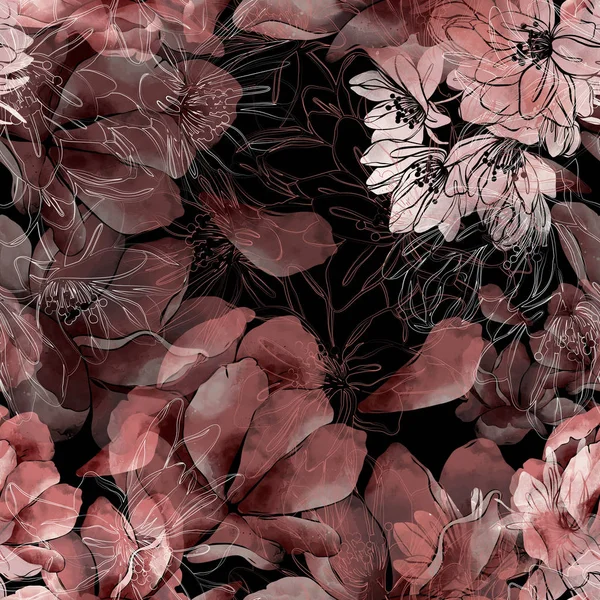 Abdrücke Sakura Blütenmischung Wiederholen Nahtlose Muster Digitales Handgezeichnetes Bild Mit — Stockfoto