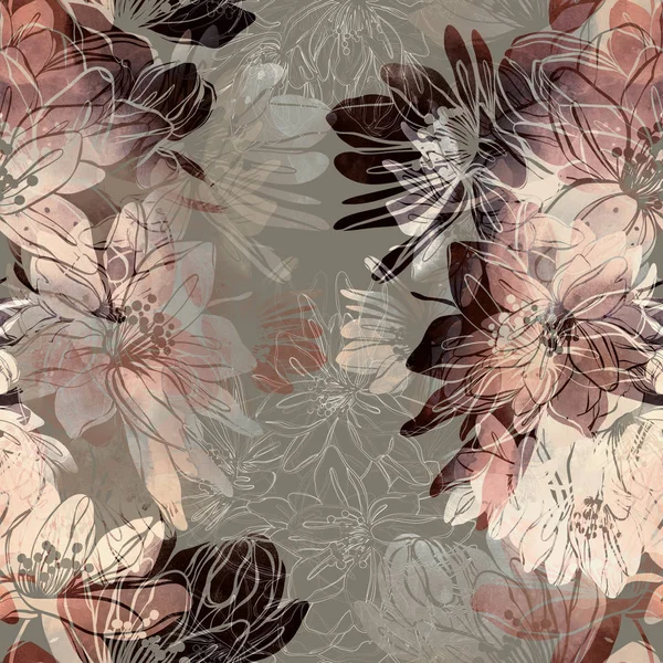 Imprints Sakura Blossom Mix Repeat Seamless Pattern Digital Hand Drawn — Stock Photo, Image