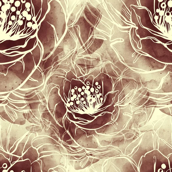 imprints many-petals peony mix repeat seamless pattern. digital hand drawn picture with watercolour texture. mixed media