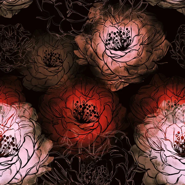 Prägt Viele Blütenblätter Pfingstrose Mischung Wiederholen Nahtlose Muster Digitales Handgezeichnetes — Stockfoto