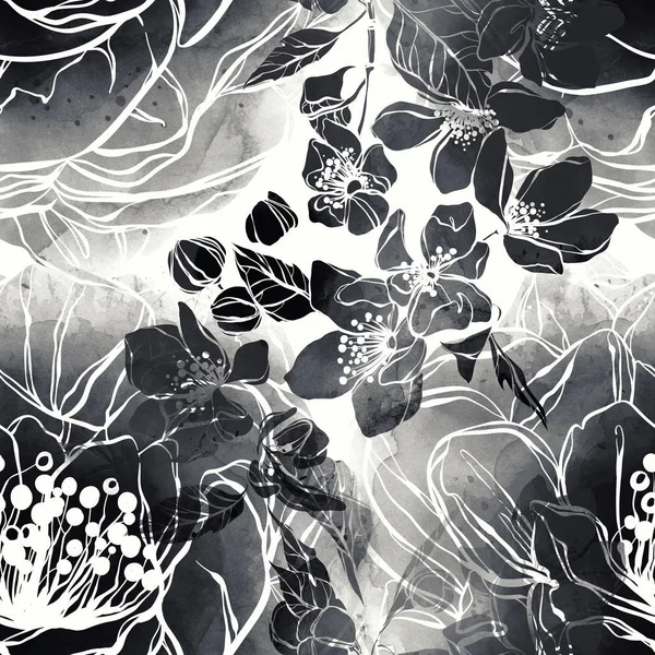 Stempelt Monochroom Bloemen Bladeren Mix Naadloze Terugkeerpatroon Digitale Hand Getekende — Stockfoto