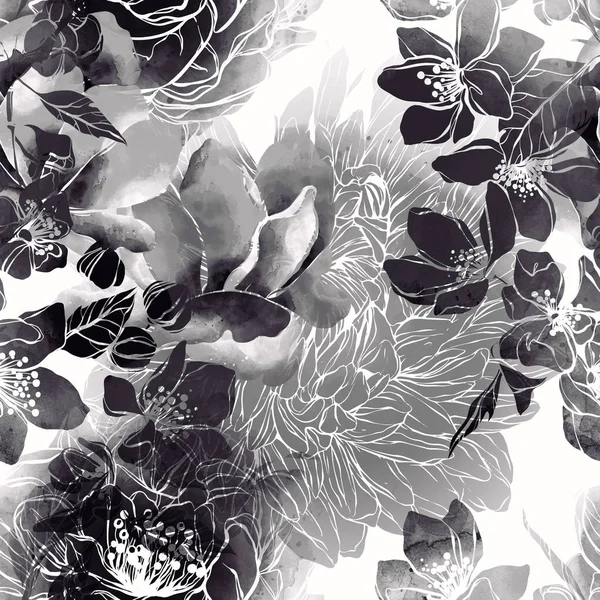 印迹单色花和叶混合重复无缝图案 用水彩纹理绘制的数码手绘图片 — 图库照片