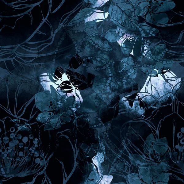 Отпечаток Монохромных Цветов Листьев Повторяет Бесшовный Рисунок Цифровая Фотография Ручной — стоковое фото