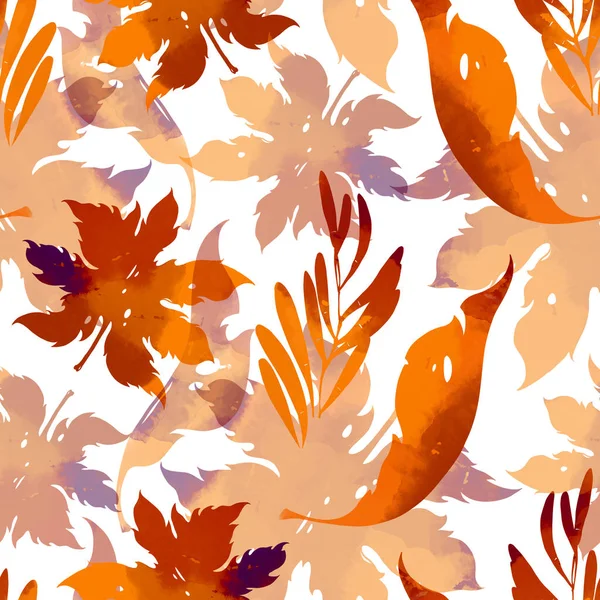 Imprints Autumn Leaves Trees Mix Repeat Seamless Pattern Digital Hand — Stock Photo, Image