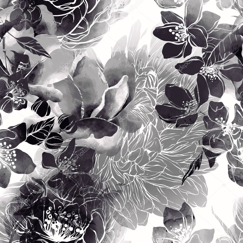 imprints monochrome flowers and leaves mix repeat seamless pattern. digital hand drawn picture with watercolour texture.