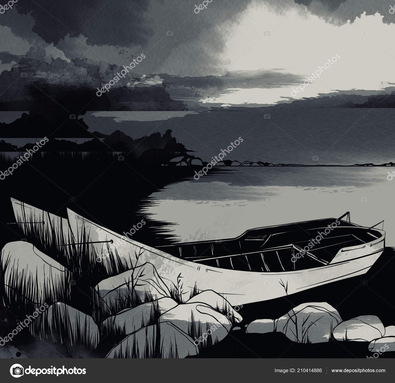 Cloudy Sky River High Grass Two Boats Digital Drawing Watercolor Stock Photo Image By C Chevnenko Cloudy Sky River High Grass Two Boats Digital Drawing Watercolor Stock Photo Image By C Chevnenko