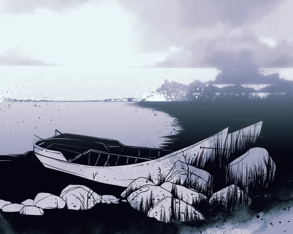 Хмарне Небо Річка Висока Трава Два Човни Цифровий Малюнок Акварельна — стокове фото