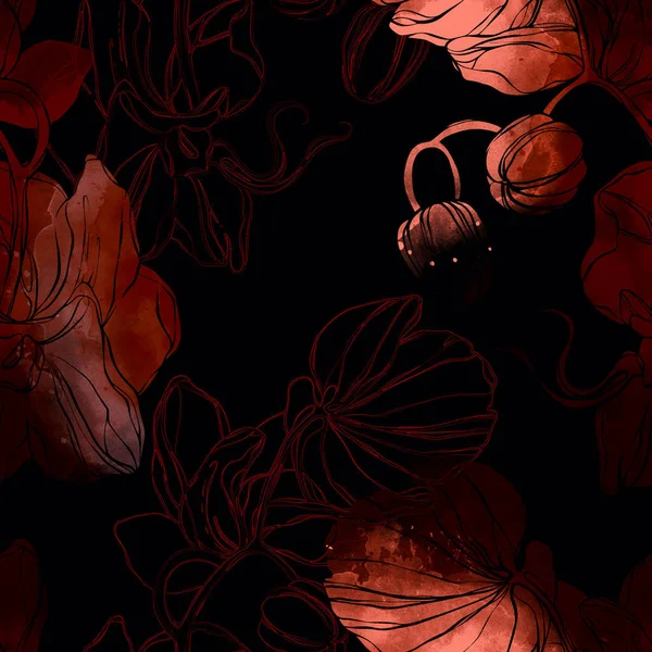 Смешать Повторяющийся Бесшовный Рисунок Отпечатками Линий Орхидей Смешанными Медиакартинами — стоковое фото
