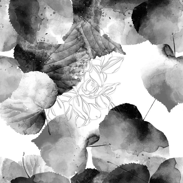 混合重复无缝图案与黑白印迹的叶子和线条的花朵 — 图库照片