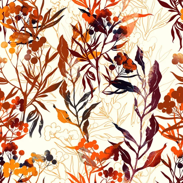 Цифровая Рисованная Смесь Повторяет Бесшовный Рисунок Отпечатками Осенних Растений Листьев — стоковое фото