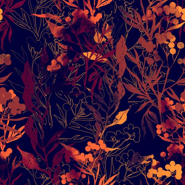 Digital Hand Drawn Mix Repeat Seamless Pattern Imprints Autumn Plants — Stock Photo, Image