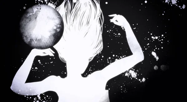 女の子とデジタル手描き絵夢 水彩テクスチャ ミクスト メディア作品における空間で溺死 — ストック写真