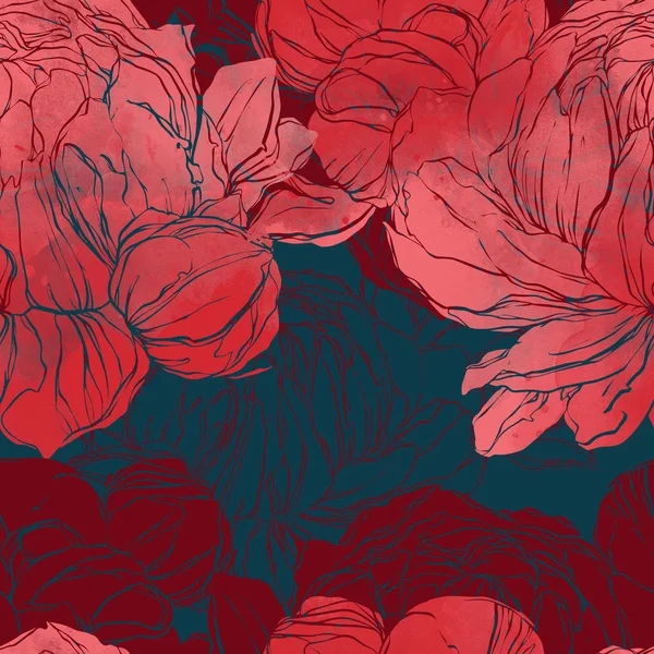 Mix Repeat Seamless Decorative Pattern Imprints Peonies Petals Digital Hand — Stock Photo, Image