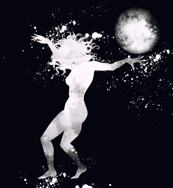 年轻女巫的仪式舞蹈在月亮和星之下 数字手绘图片以水彩纹理 混杂的媒介 — 图库照片