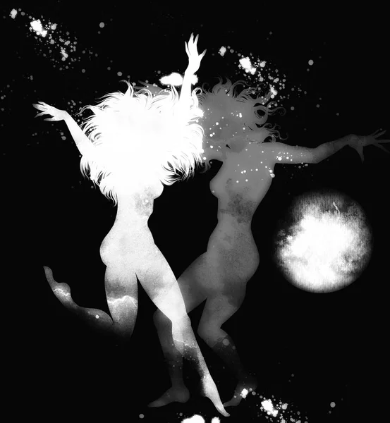 Cyfrowej Ręcznie Rysowane Obraz Rytualnym Tańcu Młodych Czarownic Księżyc Gwiazdy — Zdjęcie stockowe