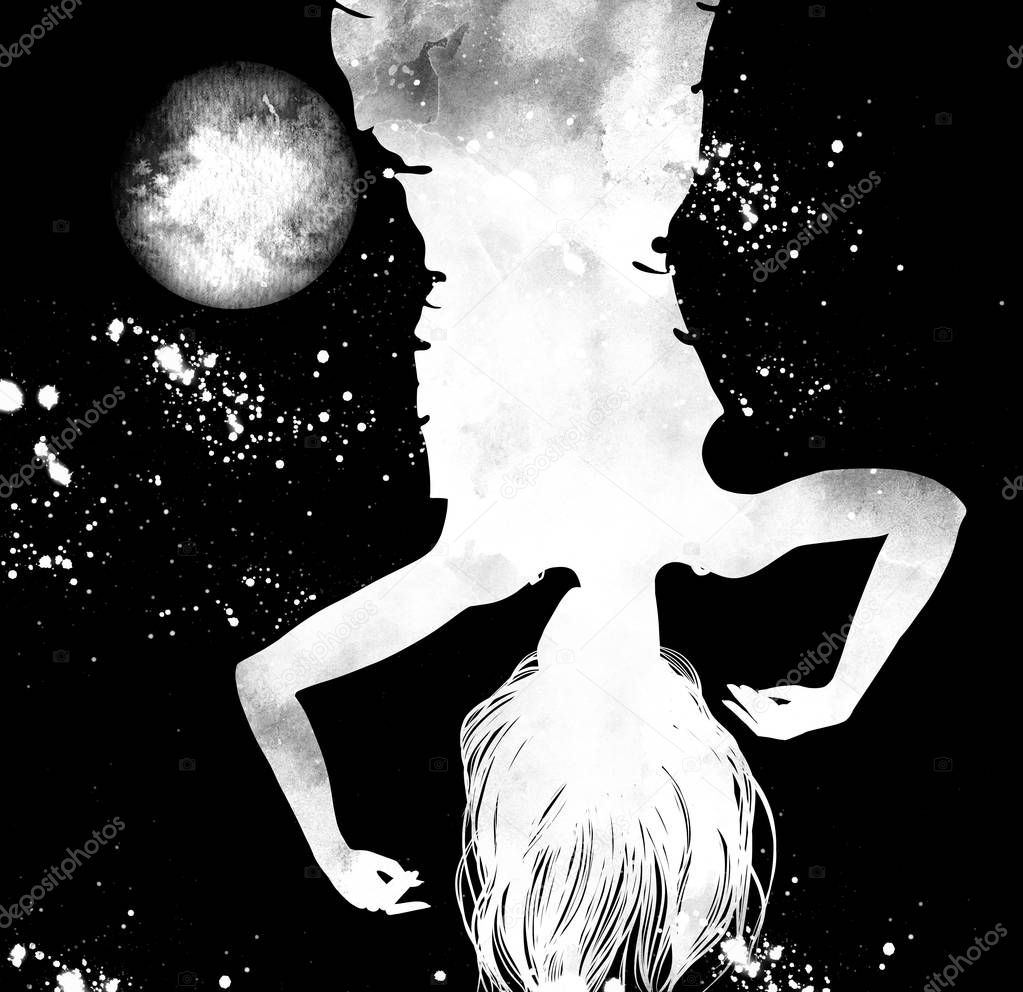 Digital hand drawn picture with girl drowned in space in dream, watercolour texture, Mixed media artwork 