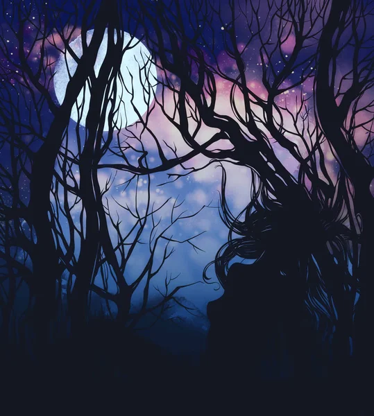 Imagem Assustadora Halloween Com Jovem Dryad Borda Floresta Noite Arte — Fotografia de Stock