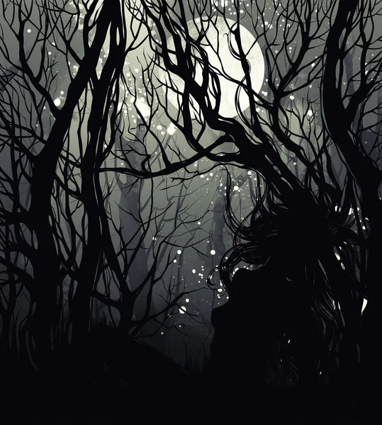 Scary Picture Halloween Naked Young Dryad Edge Forest Night Mixed — Stock Photo, Image