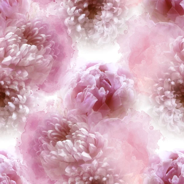 photo and watercolour seamless pattern with chrysanthemums and peonies, digital mixed media artwork
