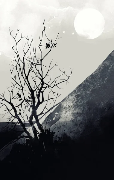 Montagnes Silhouettes Arbre Avec Lune Dans Ciel Illustration Numérique Avec — Photo