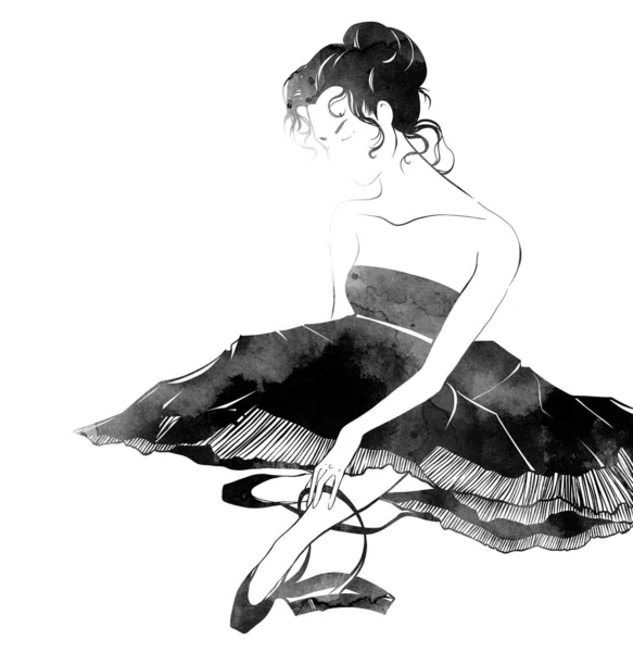 Bailarina Ballet Poniéndose Zapatos Puntiagudos Ilustración Dibujada Mano — Foto de Stock