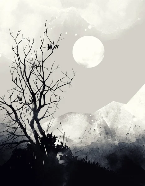 Mountains Silhouettes Tree Moon Sky Digital Illustration Watercolor Texture — Stock Photo, Image