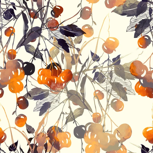 Imprints Autumn Berries Leaves Mix Repeat Seamless Pattern — Stock Photo, Image