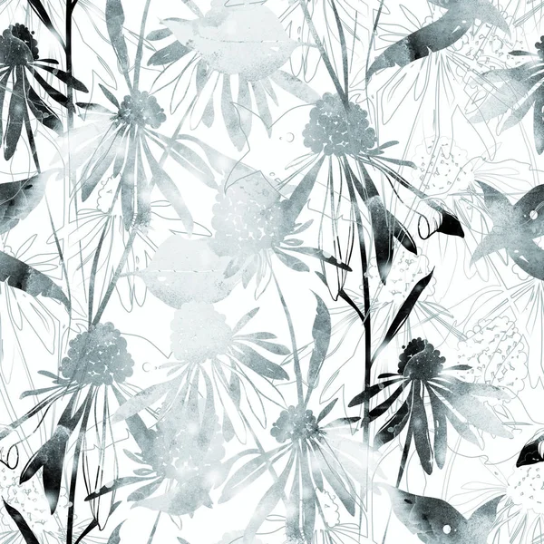 imprints snow flower mix repeat seamless pattern. digital hand drawn picture with watercolour texture. mixed media