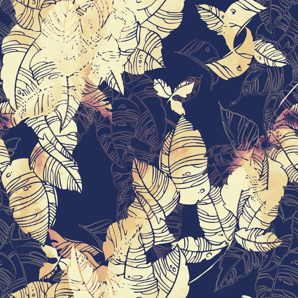 digital hand drawn repeat seamless pattern with  watercolour imprints of leaves