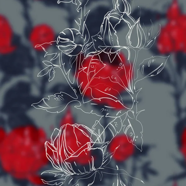 出版社のバラの葉 花は繰り返しのシームレスなパターンをミックスします デジタル手描き下ろし画像 — ストック写真